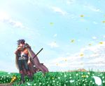  bandages belt blue_hair boota boots cloak cloud day drill field flower makishi_yaichi older petals polearm sarashi simon sky smile standing tengen_toppa_gurren_lagann weapon 