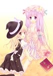  bad_id bad_pixiv_id blonde_hair book brown_eyes capelet coat covering_mouth crescent dress hair_ribbon hat hat_ribbon kirisame_marisa kneeling long_hair long_sleeves looking_at_viewer looking_back mizuse_ruka multiple_girls open_clothes open_coat open_mouth patchouli_knowledge puffy_sleeves purple_eyes purple_hair ribbon shirt short_sleeves sitting skirt skirt_set smile striped striped_dress thighhighs touhou vest white_legwear wide_sleeves witch_hat 