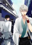  black_eyes black_hair dango eating food gintama hijikata_toushirou japanese_clothes kimono ko-man male_focus multiple_boys ponytail sakata_gintoki silver_hair wagashi yukata 