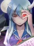  blue_hair ex-keine full_moon green_hair hat hat_removed headwear_removed horns kamishirasawa_keine long_hair moon multicolored_hair red_eyes reflection scroll slit_pupils smile solo touhou two-tone_hair upper_body you_naka 