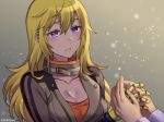  artist_name blake_belladonna blonde_hair blush breasts cleavage eyebrows hand_holding kio_rojine long_hair medium_breasts multiple_girls open_mouth out_of_frame prosthesis prosthetic_arm purple_eyes rwby yang_xiao_long 