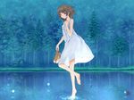  bare_shoulders barefoot blue blue_eyes brown_hair dress forest grass holding holding_shoes lights nature okiru original reflection ripples shoes short_hair solo sundress tree walking walking_on_liquid water 