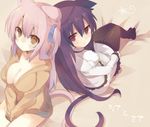  animal_ears bad_id bad_pixiv_id black_hair borrowed_character breasts cat_ears cat_tail cleavage hood hoodie large_breasts medium_breasts mia_flatpaddy mishima_kurone multiple_girls naked_hoodie original pantyhose pink_hair red_eyes shia_flatpaddy tail yellow_eyes 