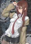  belt blue_eyes blush breasts brown_hair cowboy_shot gears jacket legwear_under_shorts long_hair makise_kurisu medium_breasts muffin_(sirumeria) necktie pantyhose red_neckwear shorts solo steins;gate 