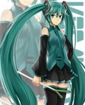  aqua_eyes aqua_hair bare_shoulders black_legwear detached_sleeves hatsune_miku highres kuhotaka long_hair looking_at_viewer necktie shirt skirt sleeveless sleeveless_shirt solo spring_onion thighhighs twintails very_long_hair vocaloid zoom_layer 