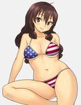  american_flag_bikini bikini blush borrowed_character breasts brown_eyes brown_hair cleavage curly_hair flag_print hashi large_breasts long_hair matsuri_(teriyaki) mole mole_on_breast navel original smile solo swimsuit underboob 