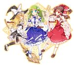  bad_id bad_pixiv_id blonde_hair bow braid broom brown_hair detached_sleeves frog green_eyes green_hair hair_bow hair_ornament hakurei_reimu hat kirisame_marisa kochiya_sanae long_hair multiple_girls pantyhose red_eyes rori_(artist) snake touhou witch_hat yellow_eyes 