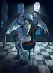  bad_id bad_pixiv_id bat_wings chair checkered checkered_floor demon_wings hat high_heels looking_at_viewer maryo moon night perspective red_eyes remilia_scarlet shoe_dangle shoes short_hair single_shoe smile solo thighhighs touhou white_legwear wings 