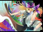  aqua_hair bad_id bad_pixiv_id blonde_hair bobby_socks broom broom_riding glowing gradient_hair hat kirisame_marisa letterboxed long_hair mini-hakkero multicolored_hair purple_hair smirk socks solo sts touhou tsurime wallpaper witch_hat yellow_eyes 