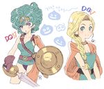  bf._(sogogiching) bianca blonde_hair blush cape cropped_legs dragon_quest dragon_quest_iv dragon_quest_v green_eyes green_hair hair_over_shoulder heroine_(dq4) multiple_girls purple_eyes shield slime_(dragon_quest) sword weapon 