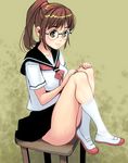  bad_id bad_pixiv_id brown_eyes brown_hair full_body glasses legs masao original ponytail school_uniform serafuku shoes sitting skirt socks solo uwabaki 