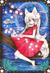  animal_ears bare_shoulders barefoot dated dress feet full_moon highres in_tree long_hair moon mosho original signature sitting sitting_in_tree soaking_feet solo tail traditional_media tree water wet 
