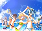  6+girls akita_neru aqua_eyes aqua_hair arms_up ass ball beach beachball bikini blonde_hair breast_grab breasts brown_hair clothes_theft cloud day diving_mask diving_mask_on_eyes eggplant front-tie_top goggles goggles_on_head grabbing green_hair gumi hair_ornament hairclip hatsune_miku kagamine_len kagamine_rin kaito kamui_gakupo long_hair medium_breasts megurine_luka meiko minoinomi multiple_boys multiple_girls nude o3o outdoors partially_submerged pink_hair short_hair side-tie_bikini sky small_breasts snorkel striped striped_bikini striped_swimsuit swimsuit swimsuit_theft tears theft twintails undressing vocaloid wading water yowane_haku 