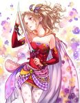  blonde_hair bracelet cape earrings final_fantasy final_fantasy_vi jewelry makimura_shunsuke pantyhose parted_lips ponytail purple_eyes solo strapless sword tina_branford tubetop weapon 