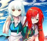  arm_around_neck arm_around_waist bad_id bad_pixiv_id braid carrying chinese_clothes chirosuke green_eyes hong_meiling izayoi_sakuya long_hair multiple_girls no_hat no_headwear one_eye_closed red_eyes red_hair short_hair silver_hair tears touhou untied 