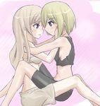  blonde_hair blue_eyes eila_ilmatar_juutilainen erica_hartmann eye_contact hakusen-hiki looking_at_another multiple_girls purple_eyes smile strike_witches world_witches_series yuri 