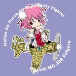  aircraft airplane amputee blush_stickers bun_cover chinese_clothes commentary double_bun ibaraki_kasen mc.202_folgore md5_mismatch military mouth_hold pink_hair red_eyes sakurato_tsuguhi short_hair solo touhou world_war_ii 