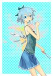  adapted_costume blue_eyes blue_hair bow cirno contemporary food green_ribbon hair_bow ice_cream ngra ribbon solo touhou wings 