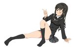  amagami arm_support black_eyes black_hair black_jacket black_legwear blazer convenient_leg fukuoka_katsumi hairband jacket kibito_high_school_uniform kneehighs legs long_hair long_sleeves looking_at_viewer morishima_haruka one_eye_closed pleated_skirt pointing school_uniform simple_background sitting skirt smile solo 