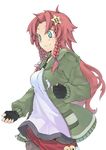  alternate_costume blue_eyes braid breasts casual contemporary fingerless_gloves gloves hong_meiling jacket long_hair medium_breasts morino_hon red_hair shirt smile solo star touhou twin_braids 