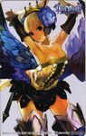  2007 armor armored_dress armpits black_eyes boots card_(medium) choker copyright_name crown detached_sleeves dress gwendolyn kamitani_george logo odin_sphere official_art royal scan short_hair solo strapless strapless_dress thighhighs valkyrie weapon white_hair wings 