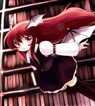  bat_wings belt book chibi flying head_wings highres koakuma library long_hair necktie open_mouth red_eyes red_hair solo thighhighs touhou vest voile wings yume_shokunin 