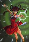  90s absurdres braid brown_hair china_dress chinese_clothes dress highres long_hair mamono_hunter_youko mano_youko miyao_gaku official_art solo sword twintails weapon 