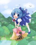  bird cage cat_tail chen chen_(cat) cirno fairy flying futami_yayoi hair_ribbon hat lake majo_no_takkyuubin mountain multiple_tails parody pink_ribbon ribbon shoes socks solo tail tears touhou tree wings 