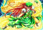  bad_id bad_pixiv_id braid china_dress chinese_clothes dragon dress eastern_dragon fighting_stance green_eyes hijikawa_arashi hong_meiling long_hair red_hair solo touhou twin_braids 