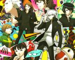  3boys 4girls amagi_yukiko androgynous bird black_eyes black_hair blue_eyes blue_hair book brown_eyes brown_hair bullet cabbie_hat crane_(animal) earrings everyone food glasses grey_hair hairband hanamura_yousuke hat jacket jewelry kujikawa_rise kuma_(persona_4) long_hair meat multiple_boys multiple_girls nail_polish narukami_yuu persona persona_4 pipe reverse_trap satonaka_chie scar school_uniform shirogane_naoto short_hair smile tatsumi_kanji track_jacket watch wristwatch 