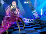  aqua_eyes bad_id bad_pixiv_id boots checkered checkered_floor long_hair megurine_luka microphone microphone_stand navel perspective pink_hair skirt solo thighhighs very_long_hair vocaloid yucco_kxoxc 