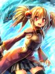  armor armored_dress blonde_hair breastplate brown_hair edobox familiar hair_ornament open_mouth pina_(sao) pleated_skirt red_eyes short_hair short_twintails silica skirt smile solo sword_art_online thighhighs twintails zettai_ryouiki 