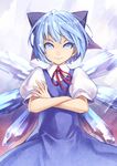  &gt;:) blue_eyes blue_hair bow cirno crossed_arms gunbuster_pose hair_bow highres kunieda short_hair smile solo sparkle touhou tsurime upper_body v-shaped_eyebrows wings 