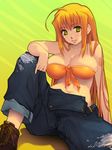  ahoge bad_id bad_pixiv_id bare_shoulders boots breasts cleavage denim front-tie_top green_eyes jeans la_liga large_breasts long_hair navel orange_hair original pants personification shoes soccer solo tattoo torn_clothes torn_jeans torn_pants valencia_cf very_long_hair yoko_juusuke 