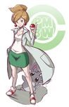  araragi_(pokemon) brown_hair butcha-u gen_5_pokemon green_eyes holding holding_poke_ball labcoat minccino pencil_skirt poke_ball poke_ball_(generic) pokemon pokemon_(creature) pokemon_(game) pokemon_bw skirt 