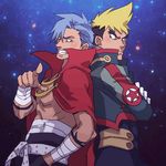  back-to-back bad_id bad_pixiv_id bandages blonde_hair blue_hair cape crossed_arms kamina kittan lowres multiple_boys pointing sarashi shirtless tengen_toppa_gurren_lagann 