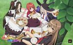  akai_ringo_(ookami-san) apron black_hair blonde_hair brown_eyes brown_hair closed_eyes cup eating flat_chest food glasses hat highres holding_pizza kobayashi_emiko long_hair long_legs maid maid_headdress majolica_le_fay multiple_girls official_art ookami-san ookami_ryouko open_mouth picnic pizza pizza_hut plate red_hair short_hair sitting smile teacup tree tsurugaya_otsuu very_long_hair wallpaper witch_hat 