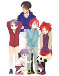  3boys bad_id bad_pixiv_id ball buruma father_and_daughter green_eyes higebu inazuma_eleven inazuma_eleven_(series) jacket kicking kiyama_hiroto kudou_fuyuka kudou_michiya multiple_boys multiple_girls nagumo_haruya ponytail purple_eyes purple_hair red_hair shoes short_twintails shorts sneakers soccer_ball socks telstar twintails yellow_eyes younger 