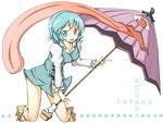  :p blue_eyes blue_hair blue_vest blush character_name full_body geta heterochromia karakasa_obake karamoneeze kneeling purple_umbrella red_eyes sandals short_hair solo tatara_kogasa tongue tongue_out touhou umbrella vest 