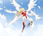  afuro_terumi angel bad_id bad_pixiv_id ball blonde_hair cloud day feathers fire_dragon_(inazuma_eleven) inazuma_eleven inazuma_eleven_(series) izumi_(nagashi) kicking long_hair male_focus multiple_wings red_eyes seraph shirt shorts sky soccer soccer_ball soccer_uniform solo sportswear t-shirt telstar wings 