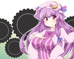  bow breasts capelet crescent gears hair_bow halftone halftone_background hat impossible_clothes impossible_shirt kanatsu large_breasts long_hair patchouli_knowledge purple_eyes purple_hair shirt solo touhou upper_body 