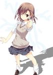  armpit_peek biribiri brown_eyes brown_hair coin electricity highres kuwashima_rein misaka_mikoto one_eye_closed school_uniform short_hair solo sweater_vest to_aru_kagaku_no_railgun to_aru_majutsu_no_index 