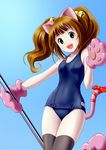  animal_ears brown_hair cat_ears cat_tail green_eyes highres idolmaster idolmaster_(classic) long_hair one-piece_swimsuit paws ponnetsu school_swimsuit solo swimsuit tail takatsuki_yayoi thighhighs twintails 