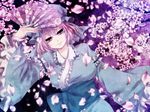  cherry_blossoms fan folding_fan kyoma_(yellowxcake) petals purple saigyouji_yuyuko smile solo touhou wide_sleeves 