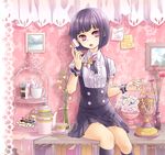  bad_id bad_pixiv_id book bookshelf cake cherry cup english flower food fruit original phone plate sitting skirt solo teacup teapot tiered_tray uniform vase zenyu 