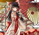  bow brown_eyes brown_hair detached_sleeves egasumi hair_bow hakurei_reimu japanese_clothes kureha_(ironika) long_hair oriental_umbrella solo touhou umbrella 