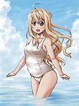  blonde_hair blue_eyes day k-on! kotobuki_tsumugi long_hair mozan one-piece_swimsuit school_swimsuit solo swimsuit wading water white_school_swimsuit white_swimsuit 