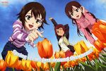  absurdres andou_aiko blue_eyes brown_hair bug flower green_eyes highres insect isurugi_noe ladybug long_hair multiple_girls official_art one_eye_closed open_mouth red_eyes scan sekiguchi_kanami short_hair true_tears tulip yuasa_hiromi 