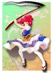  breasts cherry_blossoms cleavage clog_sandals hair_bobbles hair_ornament highres large_breasts onozuka_komachi red13520 red_eyes red_hair scythe short_hair solo thighhighs touhou two_side_up 