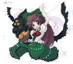  alternate_weapon arm_cannon bird blush brown_hair cape crow hair_ribbon long_hair monster non-web_source radiation_symbol red_eyes reiuji_utsuho ribbon skirt solo touhou weapon wings 